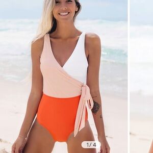 Cupshe Orange And White Bowknot One piece Swimsuit Bathing Suit